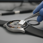 Wymiana baterii w smartwatchu pęsetą. Widoczne wnętrze zegarka, bateria litowa i elektronika. Naprawa i serwis gadżetów zgodnie z nowymi przepisami unijnymi.