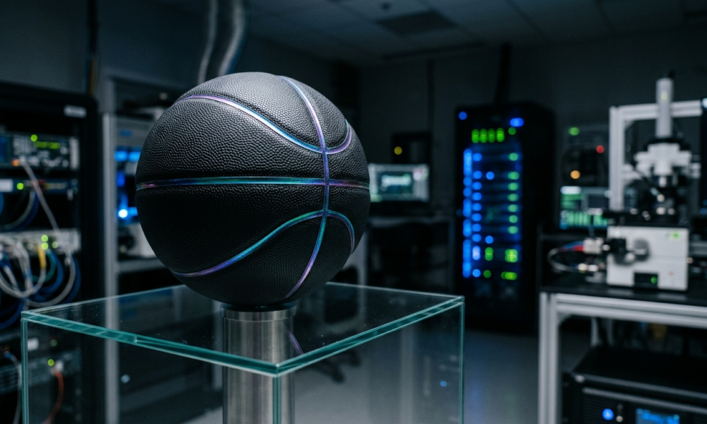 Czarna matowa piłka do koszykówki OpenAI z opalizującymi detalami na postumencie. Laboratorium, nowoczesny biznes i technologia – Polska i świat.