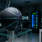 Czarna matowa piłka do koszykówki OpenAI z opalizującymi detalami na postumencie. Laboratorium, nowoczesny biznes i technologia – Polska i świat.