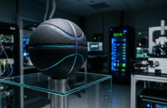 Czarna matowa piłka do koszykówki OpenAI z opalizującymi detalami na postumencie. Laboratorium, nowoczesny biznes i technologia – Polska i świat.