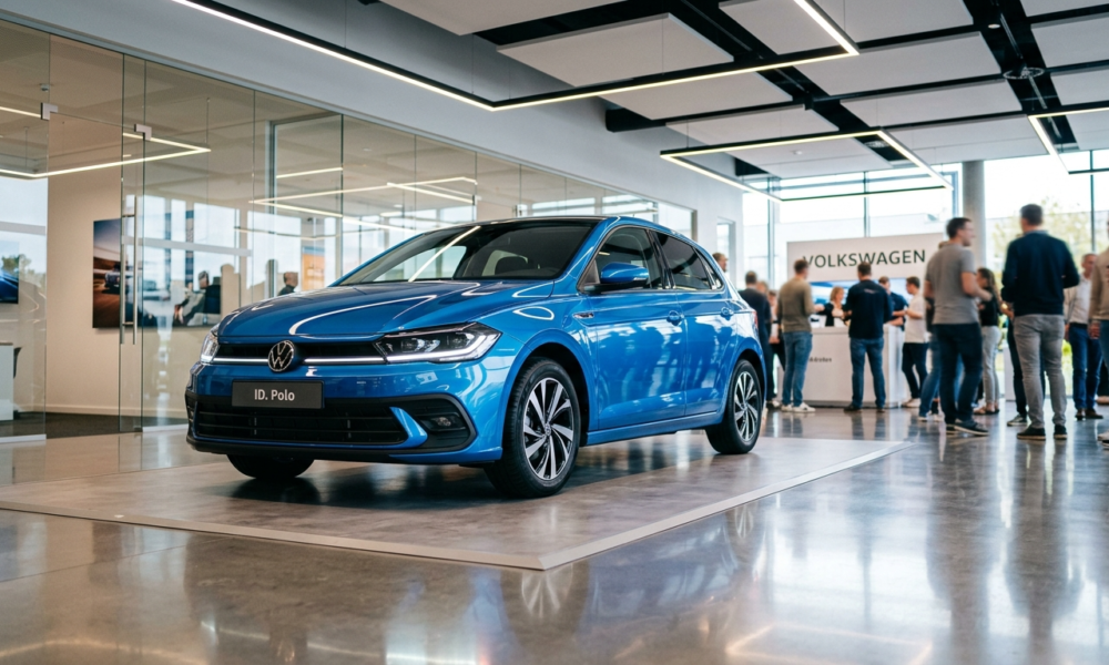 Aerodynamiczny Volkswagen ID. Polo w lśniącym salonie. Nowoczesny elektryczny samochód VW w filmowym oświetleniu. Polska i świat stawiają na tanią mobilność.