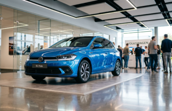 Aerodynamiczny Volkswagen ID. Polo w lśniącym salonie. Nowoczesny elektryczny samochód VW w filmowym oświetleniu. Polska i świat stawiają na tanią mobilność.
