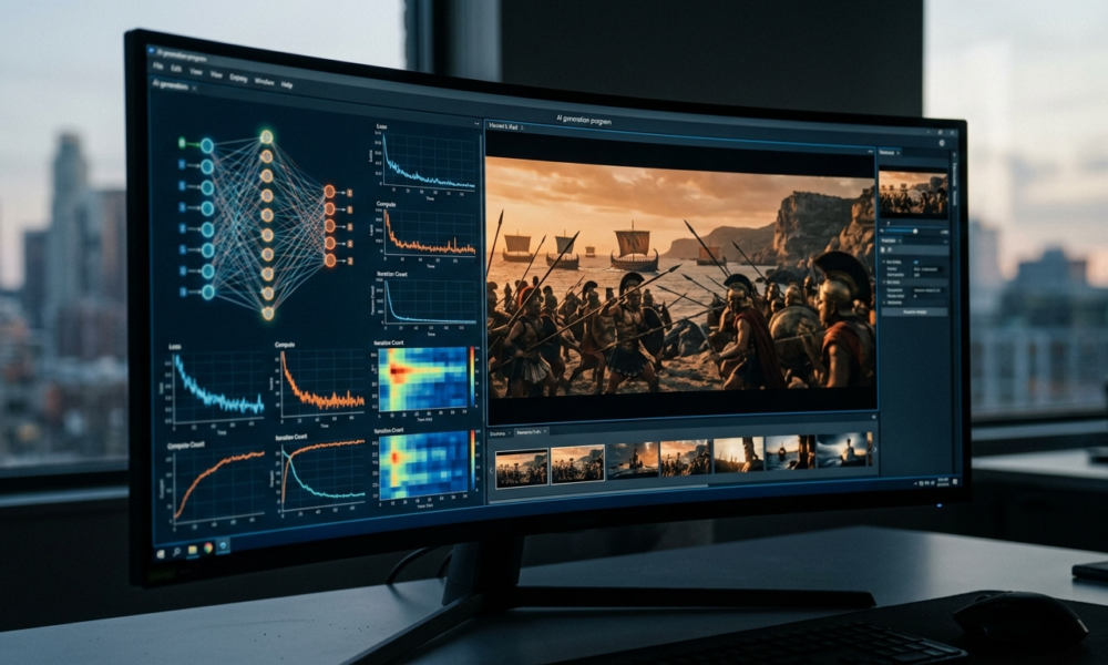 Monitor z AI generującym kadr ekranizacji Odysei Homera. Sztuczna inteligencja Elona Muska tworzy film. Oprogramowanie komputerowe, Polska i świat.