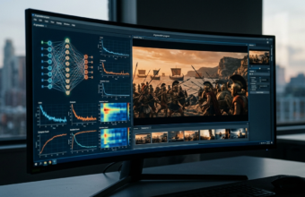 Monitor z AI generującym kadr ekranizacji Odysei Homera. Sztuczna inteligencja Elona Muska tworzy film. Oprogramowanie komputerowe, Polska i świat.