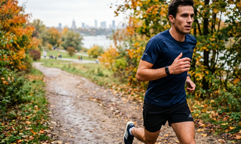 Biegacz z opaską sportową Garmin CIRQA bez wyświetlacza na ręku. Smart band bez subskrypcji mierzy aktywność fizyczną. Sportowe trendy – Polska i świat.