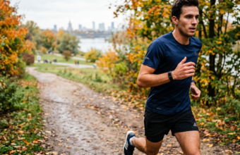 Biegacz z opaską sportową Garmin CIRQA bez wyświetlacza na ręku. Smart band bez subskrypcji mierzy aktywność fizyczną. Sportowe trendy – Polska i świat.