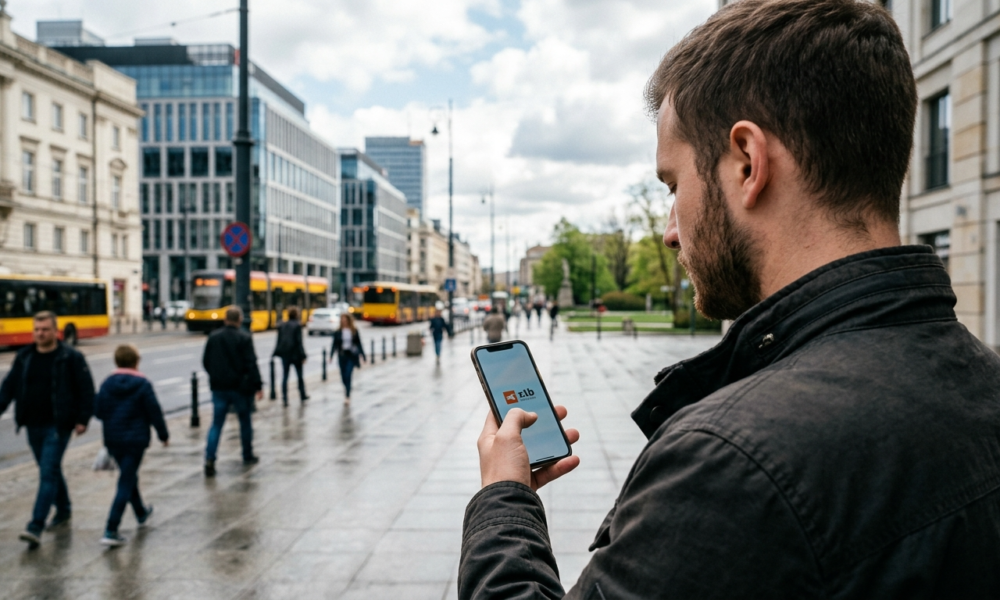 Młody mężczyzna włącza aplikację XTB na telefonie. Widok zza ramienia na logo XTB. Analiza depesz rynkowych i inteligentny asystent w biznesie tech.
