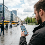 Młody mężczyzna włącza aplikację XTB na telefonie. Widok zza ramienia na logo XTB. Analiza depesz rynkowych i inteligentny asystent w biznesie tech.