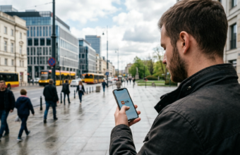 Młody mężczyzna włącza aplikację XTB na telefonie. Widok zza ramienia na logo XTB. Analiza depesz rynkowych i inteligentny asystent w biznesie tech.