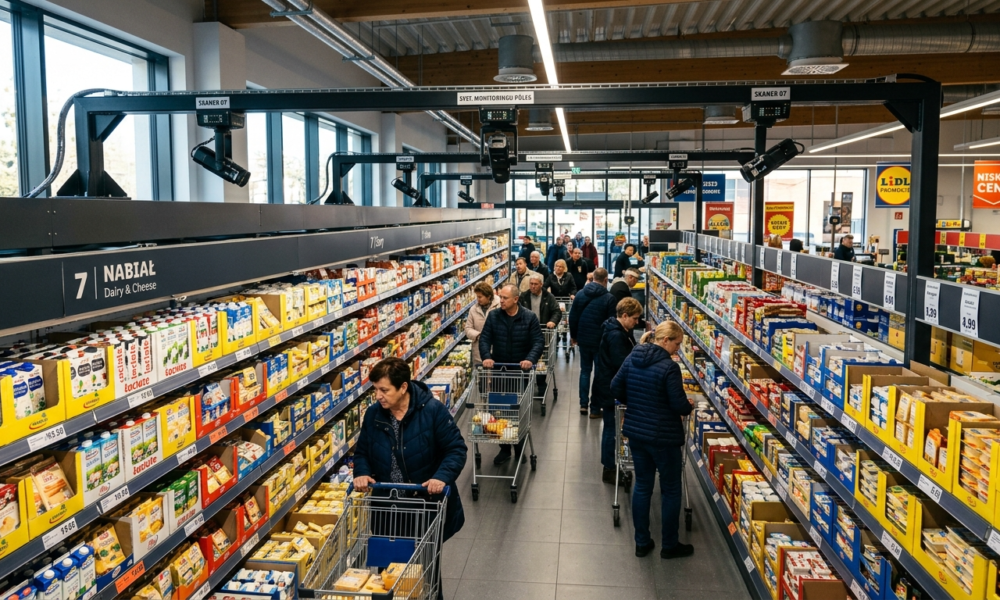 Inteligentne półki w sklepie Lidl Polska. Klienci między regałami i aparatura skanująca z kamerami sprawdzająca porządek. Technologia dom i lifestyle tech.