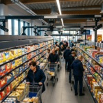Inteligentne półki w sklepie Lidl Polska. Klienci między regałami i aparatura skanująca z kamerami sprawdzająca porządek. Technologia dom i lifestyle tech.