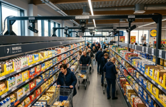 Inteligentne półki w sklepie Lidl Polska. Klienci między regałami i aparatura skanująca z kamerami sprawdzająca porządek. Technologia dom i lifestyle tech.