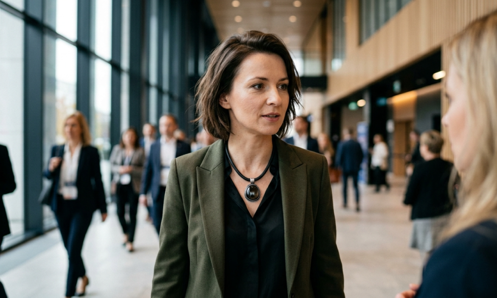 Kobieta nosząca inteligentny naszyjnik iKairos z ciemnym kamieniem ozdobnym. Robot Jibo jako nowoczesny gadżet typu wearable. Polska i świat.