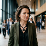 Kobieta nosząca inteligentny naszyjnik iKairos z ciemnym kamieniem ozdobnym. Robot Jibo jako nowoczesny gadżet typu wearable. Polska i świat.