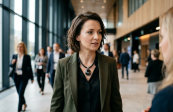 Kobieta nosząca inteligentny naszyjnik iKairos z ciemnym kamieniem ozdobnym. Robot Jibo jako nowoczesny gadżet typu wearable. Polska i świat.