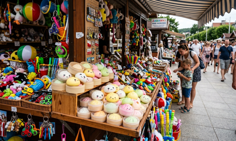 Stragan nad morzem pełen zabawek: gniotki antystresowe squishy dumplings jak pierożki bao z buziami w pudełkach. Hit wakacji 2026, Polska i świat.