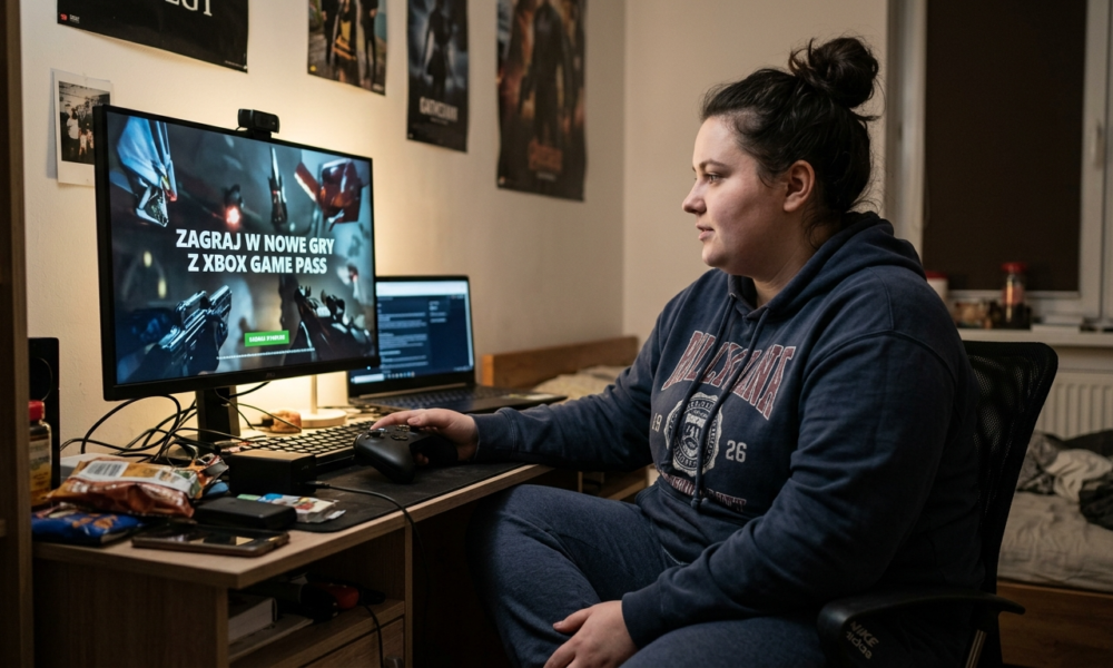 Młoda otyła kobieta ogląda reklamę przed darmowym graniem w chmurze Microsoft Xbox na komputerze. Newsy Polska i świat.