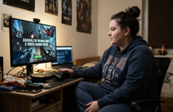 Młoda otyła kobieta ogląda reklamę przed darmowym graniem w chmurze Microsoft Xbox na komputerze. Newsy Polska i świat.