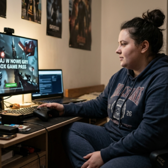 Młoda otyła kobieta ogląda reklamę przed darmowym graniem w chmurze Microsoft Xbox na komputerze. Newsy Polska i świat.