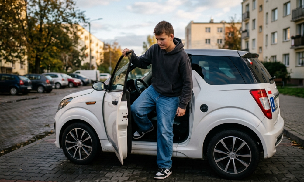 Wyrośnięty czternastolatek wsiada za kółko auta elektrycznego Ligier JS50. Polska i świat: bezpieczny mikrosamochód dla młodzieży z rekordowym zasięgiem.