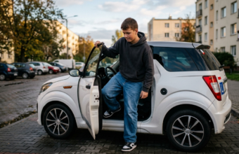 Wyrośnięty czternastolatek wsiada za kółko auta elektrycznego Ligier JS50. Polska i świat: bezpieczny mikrosamochód dla młodzieży z rekordowym zasięgiem.