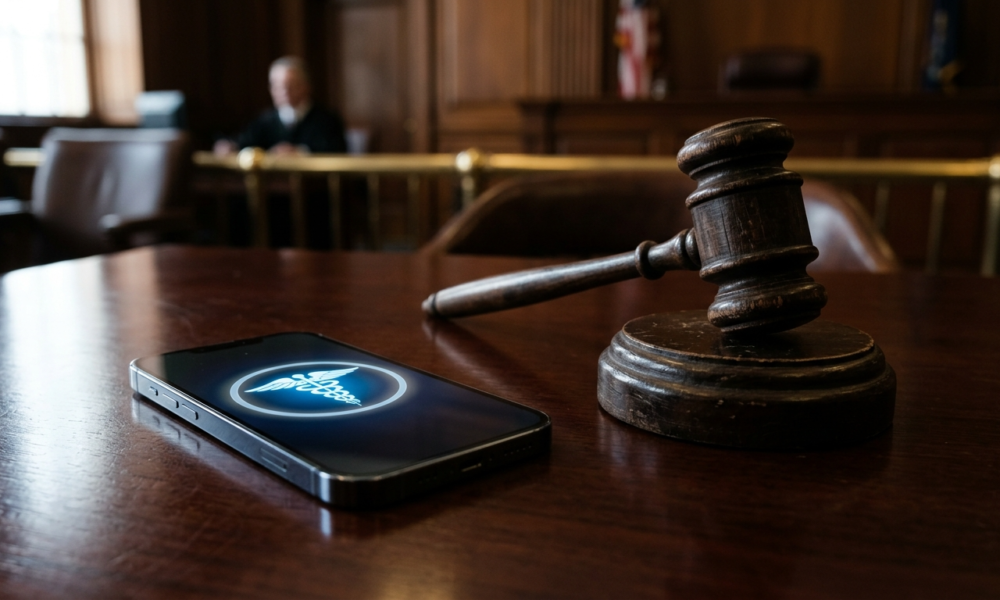 Młotek sędziowski i smartfon z medyczną ikoną ChatGPT na mahoniowym biurku. OpenAI przed sądem. Polska i świat a medyczna funkcja sztucznej inteligencji.