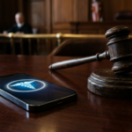 Młotek sędziowski i smartfon z medyczną ikoną ChatGPT na mahoniowym biurku. OpenAI przed sądem. Polska i świat a medyczna funkcja sztucznej inteligencji.
