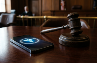 Młotek sędziowski i smartfon z medyczną ikoną ChatGPT na mahoniowym biurku. OpenAI przed sądem. Polska i świat a medyczna funkcja sztucznej inteligencji.