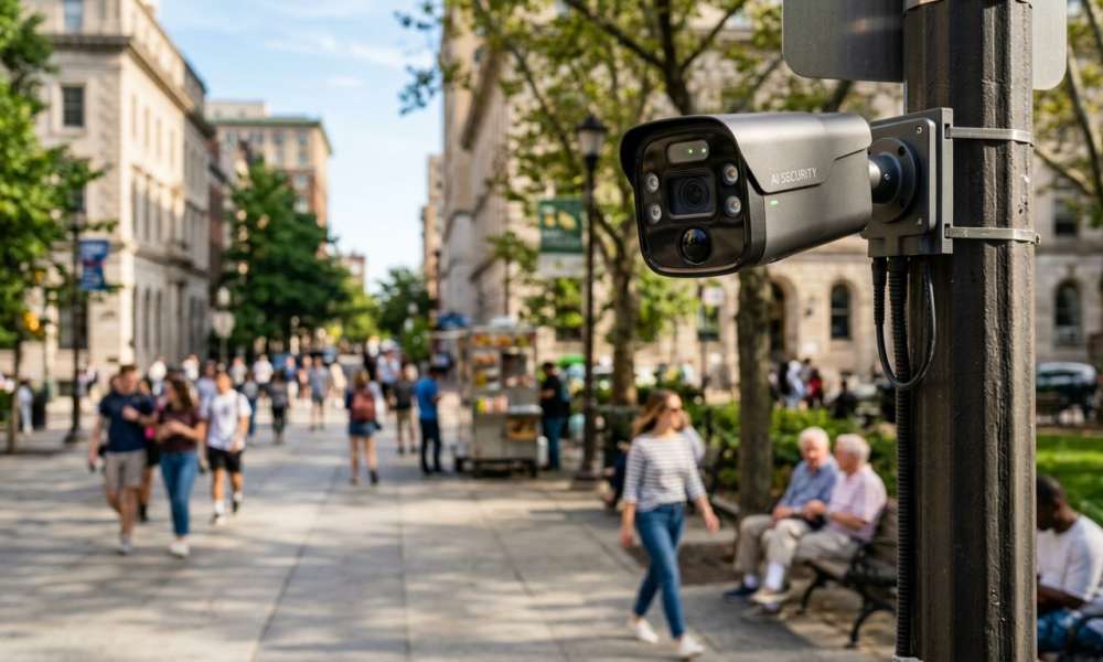 Nowoczesna kamera AI monitoringu miejskiego na słupie nad słonecznym placem. Systemy bezpieczeństwa, rynek tech i technologia – Polska i świat.