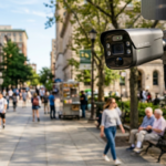 Nowoczesna kamera AI monitoringu miejskiego na słupie nad słonecznym placem. Systemy bezpieczeństwa, rynek tech i technologia – Polska i świat.