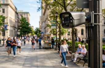 Nowoczesna kamera AI monitoringu miejskiego na słupie nad słonecznym placem. Systemy bezpieczeństwa, rynek tech i technologia – Polska i świat.