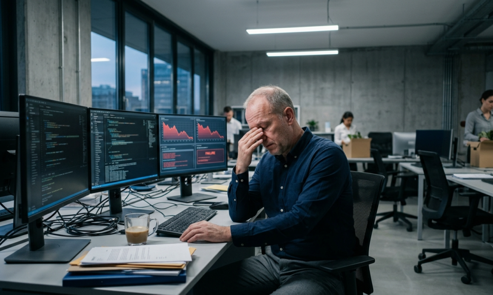 Wykres spadkowy i wyłączone serwery. Masowe zamykanie projektów AI przez wysokie koszty i złe dane. Sektor biznes i rynek tech, region Polska i świat.
