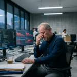 Wykres spadkowy i wyłączone serwery. Masowe zamykanie projektów AI przez wysokie koszty i złe dane. Sektor biznes i rynek tech, region Polska i świat.