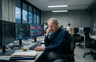 Wykres spadkowy i wyłączone serwery. Masowe zamykanie projektów AI przez wysokie koszty i złe dane. Sektor biznes i rynek tech, region Polska i świat.