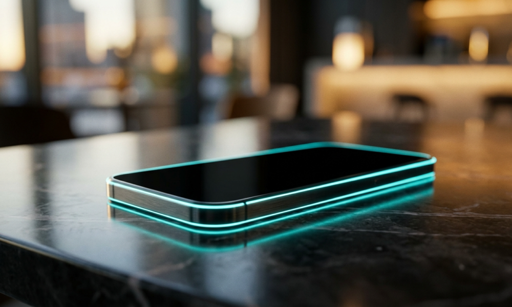 Smartfon POCO M8 Power na ciemnym, lśniącym tle. Cyjanowa poświata energii wokół obudowy i efekt bokeh podkreślają nowoczesny design i wydajność baterii.