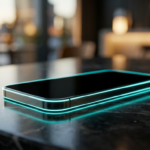 Smartfon POCO M8 Power na ciemnym, lśniącym tle. Cyjanowa poświata energii wokół obudowy i efekt bokeh podkreślają nowoczesny design i wydajność baterii.