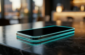 Smartfon POCO M8 Power na ciemnym, lśniącym tle. Cyjanowa poświata energii wokół obudowy i efekt bokeh podkreślają nowoczesny design i wydajność baterii.
