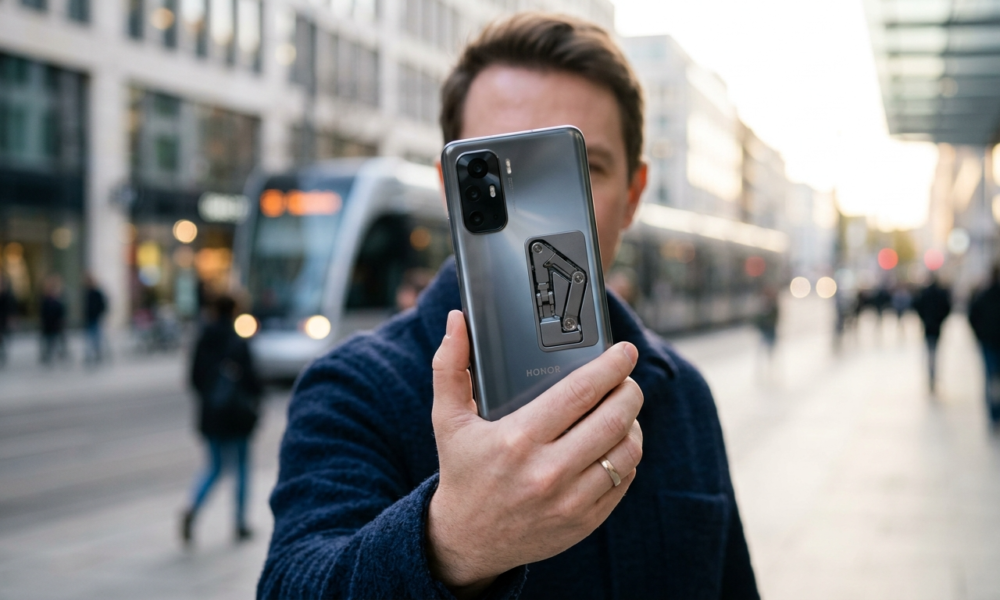 Smartfon Honor z mechanicznym ramieniem ukrytym dyskretnie w obudowie. Nowoczesny telefon i gadżety, technologia Polska i świat, innowacyjna konstrukcja Honor.