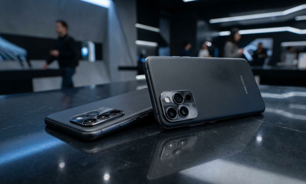 Smartfony Google Pixel 11 i 11 Pro: matowe wykończenie i moduł aparatu na ciemnym, refleksyjnym tle. Elegancki, nowoczesny design telefonów w zbliżeniu.