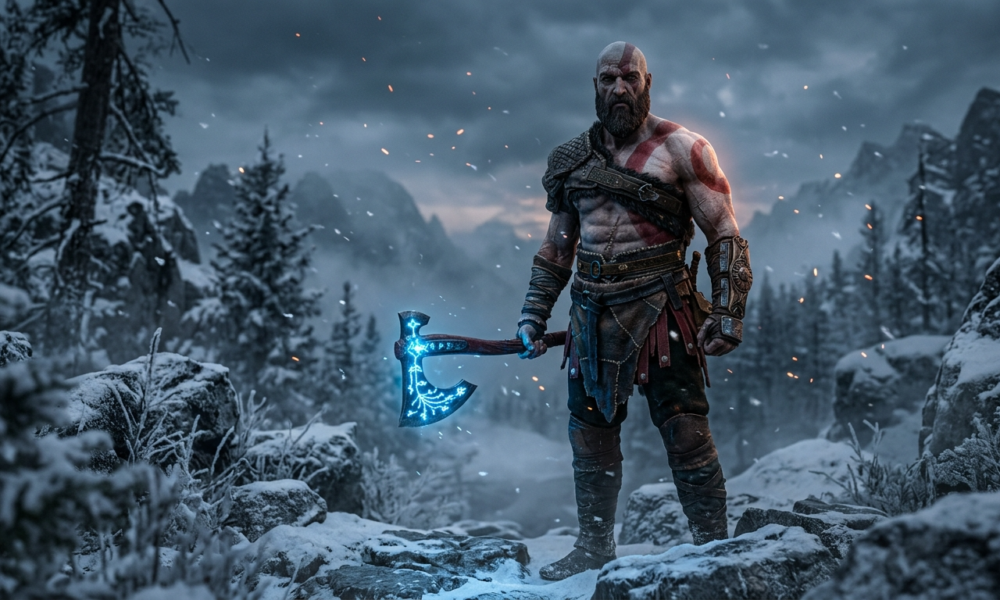 Kratos z God of War w śnieżnej mgle. Muskularna sylwetka, czerwone tatuaże i świecąca broń. Zapowiedź nowej gry porusza fanów w sekcji Polska i świat.