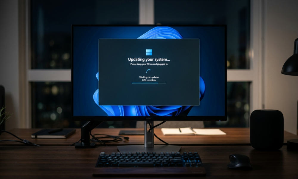 Aktualizacja Windows 11 na monitorze wprowadzająca ukryte modele AI i sztucznej inteligencji. Nowoczesne oprogramowanie i komputery – Polska i świat.