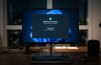 Aktualizacja Windows 11 na monitorze wprowadzająca ukryte modele AI i sztucznej inteligencji. Nowoczesne oprogramowanie i komputery – Polska i świat.