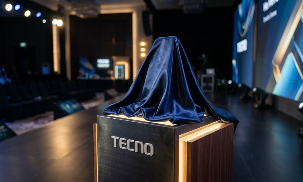 Bezramkowy smartfon Tecno pod atłasową zasłoną na postumencie przed premierą na IFA. Nowoczesne telefony i technologie mobilne – Polska i świat.