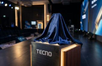 Bezramkowy smartfon Tecno pod atłasową zasłoną na postumencie przed premierą na IFA. Nowoczesne telefony i technologie mobilne – Polska i świat.