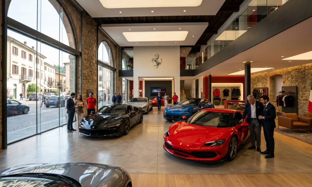 Elektryczne Ferrari Luce w luksusowym salonie we Włoszech. Wyprzedaż aut, motoryzacja Polska i świat. Sportowy samochód elektryczny w nowoczesnym wnętrzu.