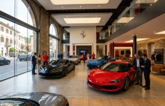 Elektryczne Ferrari Luce w luksusowym salonie we Włoszech. Wyprzedaż aut, motoryzacja Polska i świat. Sportowy samochód elektryczny w nowoczesnym wnętrzu.