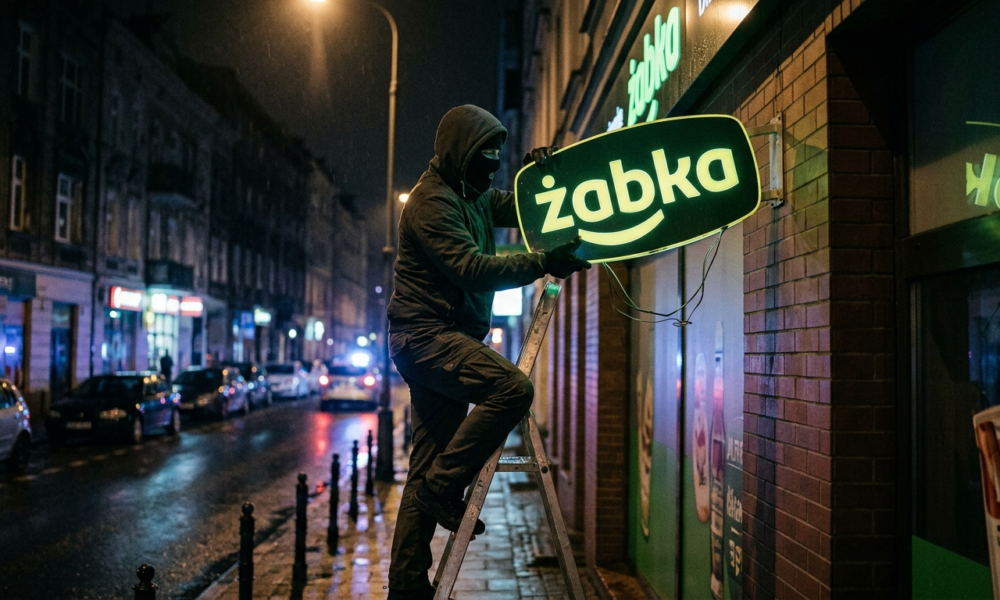 Zamaskowany złodziej kradnie nocą logo Żabka. Atak hakerów na bazę danych sieci Żabka. News z kategorii biznes i rynek tech, sekcja Polska i świat.