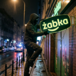 Zamaskowany złodziej kradnie nocą logo Żabka. Atak hakerów na bazę danych sieci Żabka. News z kategorii biznes i rynek tech, sekcja Polska i świat.