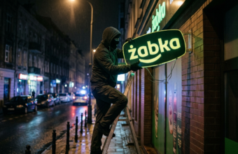 Zamaskowany złodziej kradnie nocą logo Żabka. Atak hakerów na bazę danych sieci Żabka. News z kategorii biznes i rynek tech, sekcja Polska i świat.