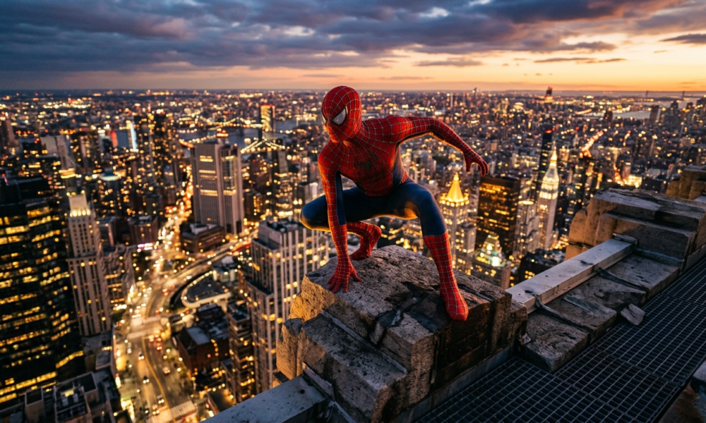 Spider-Man na krawędzi wieżowca nad neonową metropolią. Film bije rekord Avengers. Kultura cyfrowa i gaming, Polska i świat. Heroiczna poza, blask zachodu słońca.